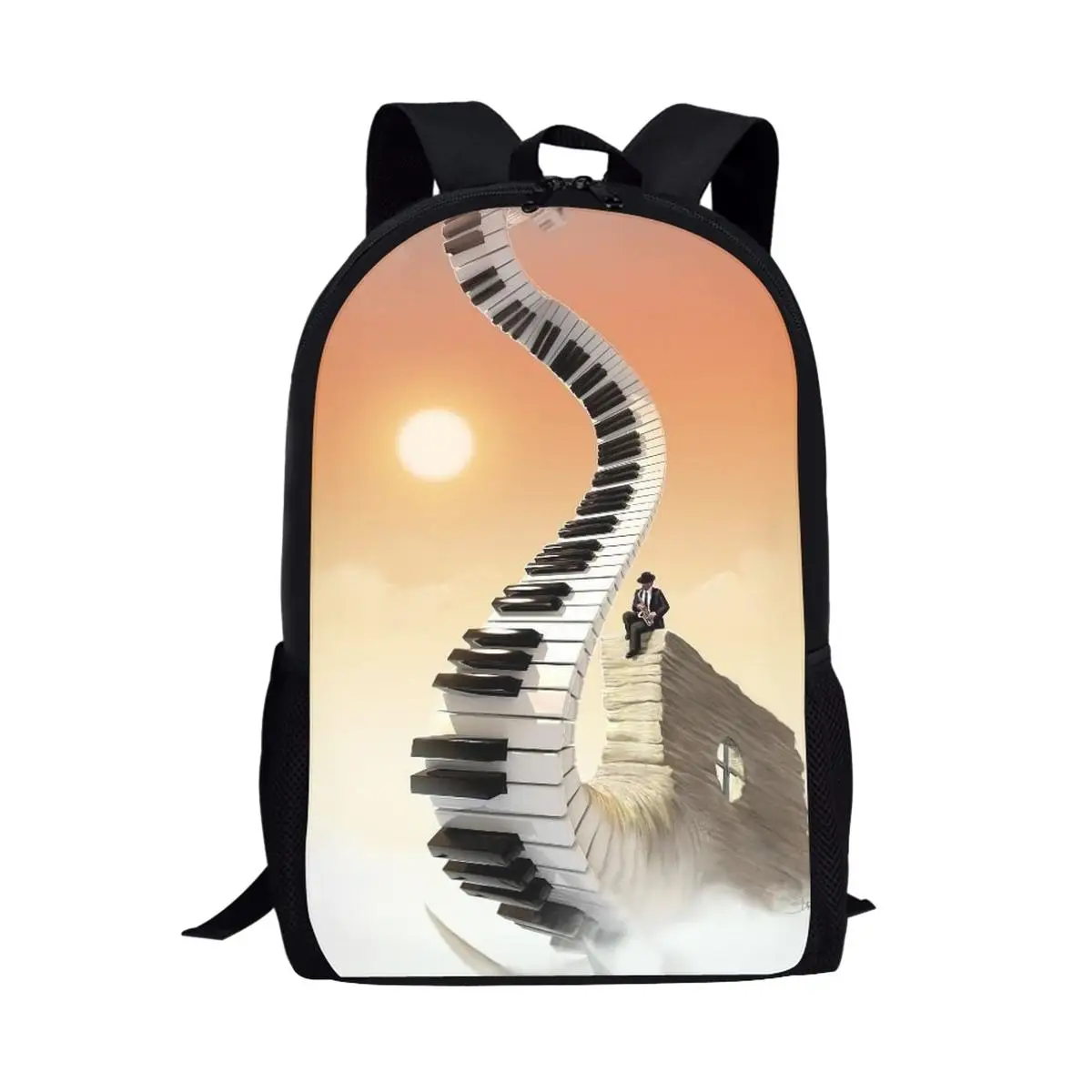 Bolsa de livro com padrão de chave de piano artístico para estudantes da escola, grande capacidade, 16 polegadas, mochila escolar, meninos, meninas, mochila multifuncional