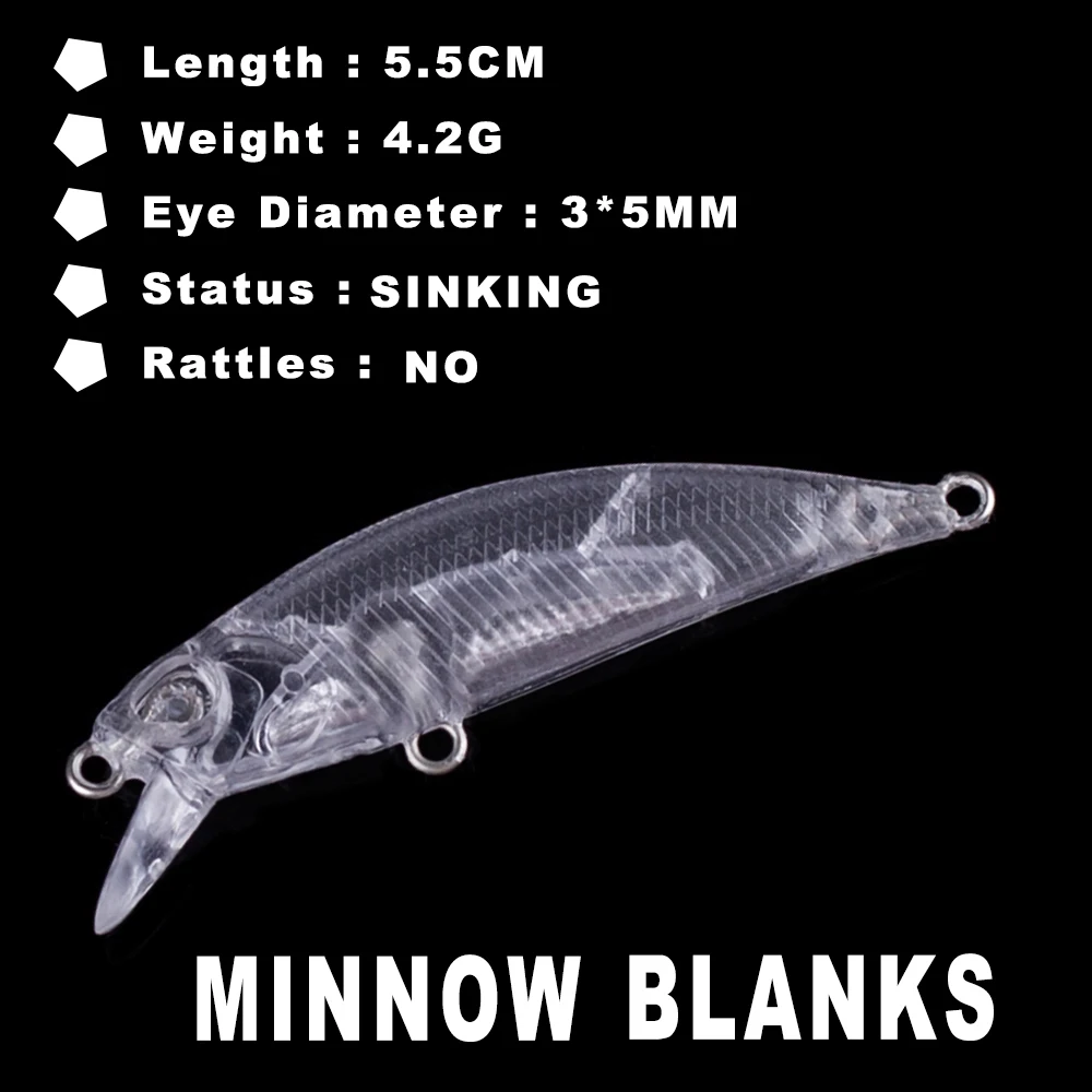 AYWFISH 15PCS Mini Sinking Minnow Unpainted Fishing Bait Transparent 5.5CM 4.2G Artificial Hard Small Shallow Diver Lure Blanks