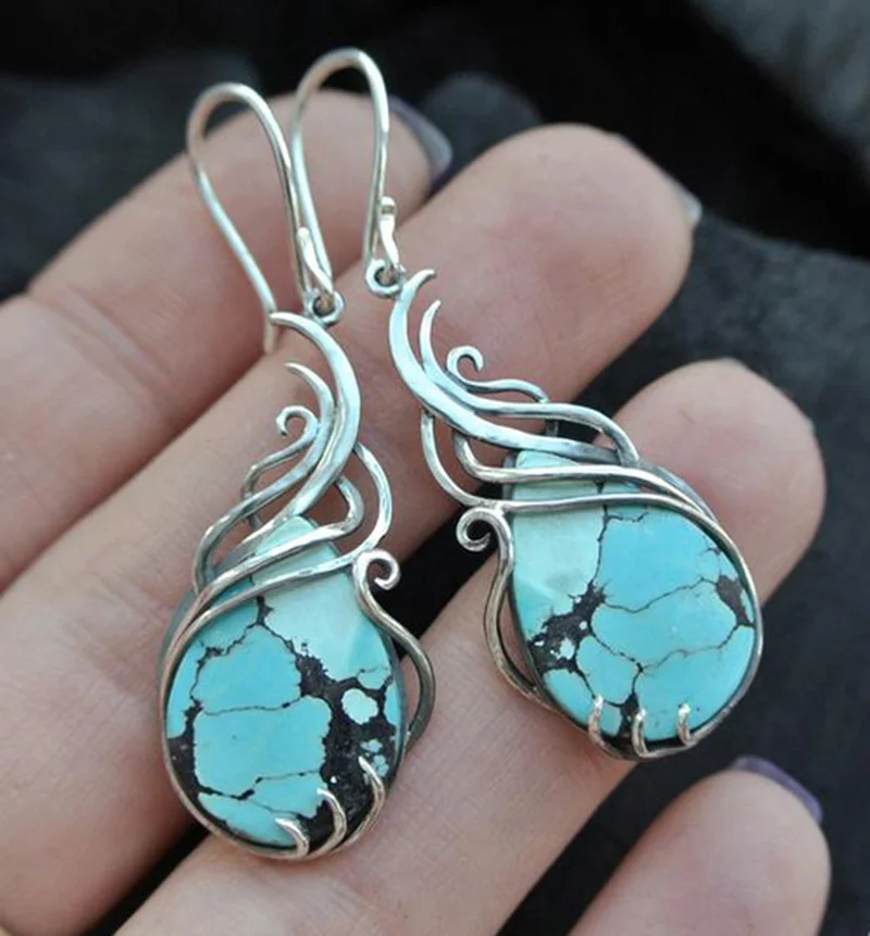 Vintage Blue Stone Boho Earrings Womens Exquisite Silver Color Metal Geometry Hollow Wedding Dangle Earrings 2022 Jewelry