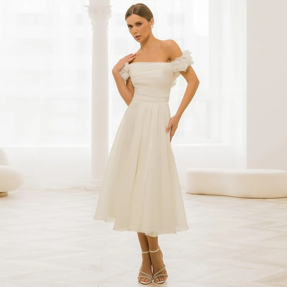 

Wedding Party Dresses Elegant Lvory Chiffon Pleat Handmade Flower Ruched Wedding Party A-line Off-the-shoulder Midi Dresses