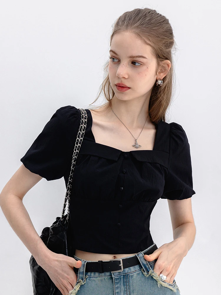 

EGGKA Summer 2024 Bubble Sleeve Shirt Pleated Commute Unique Top Women's Fashion Polyester Fiber New Arrival