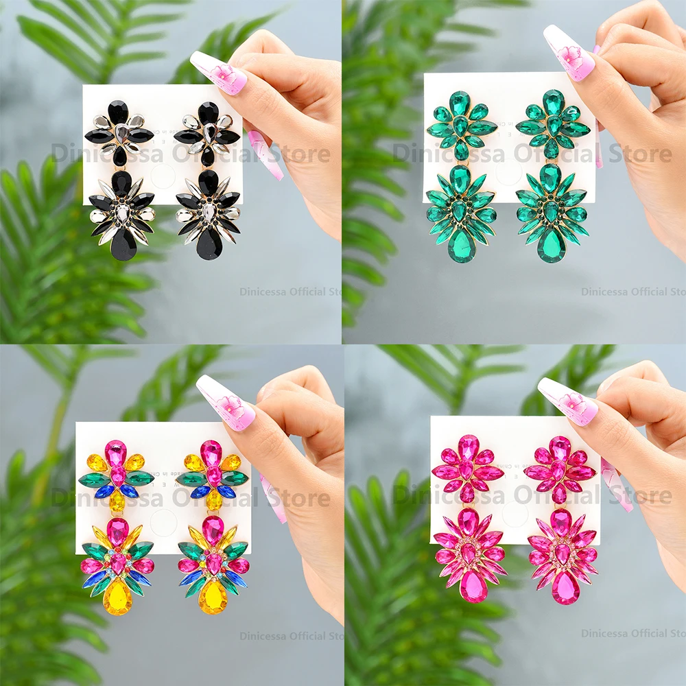 Luxury Colorful Sparkly Crystal Flower Large Dangle Earrings For Women Trendy Boho Unusual Design Pendientes Party Y2k Jewelry