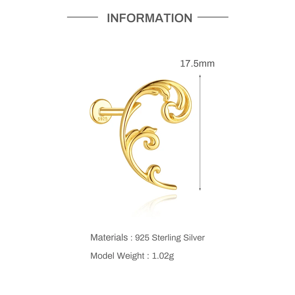 CANNER 1PC 925 Sterling Silver Flower Bud Wave Flat Back Thread Piercing Earring For Women INS Shiny Hollow Lotus Flower Earring