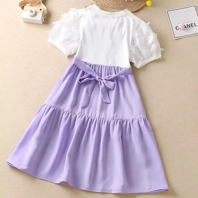 Sanrio Kuromi gaun anak perempuan lengan pendek musim panas gaun putri kartun pakaian pesta ulang tahun anak-anak kaus lucu kasual atasan