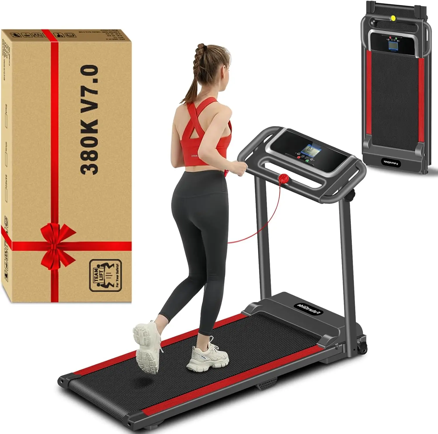 Portable Treadmill with Handle, Small Compact Treadmill 300 LBS Capacity with 12 Preset Programs