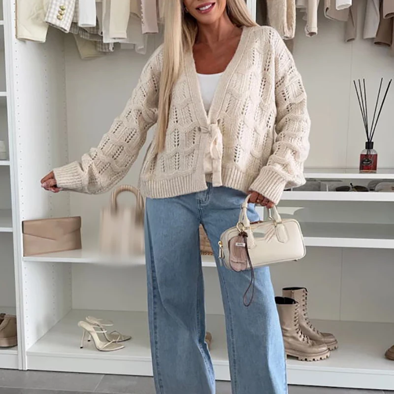 

Elegant Lady Long Sleeve Hollow Out Commute Jumpers Fashion Simple Lace Up Sweater Casual V-neck Solid Color Knitted Cardigans