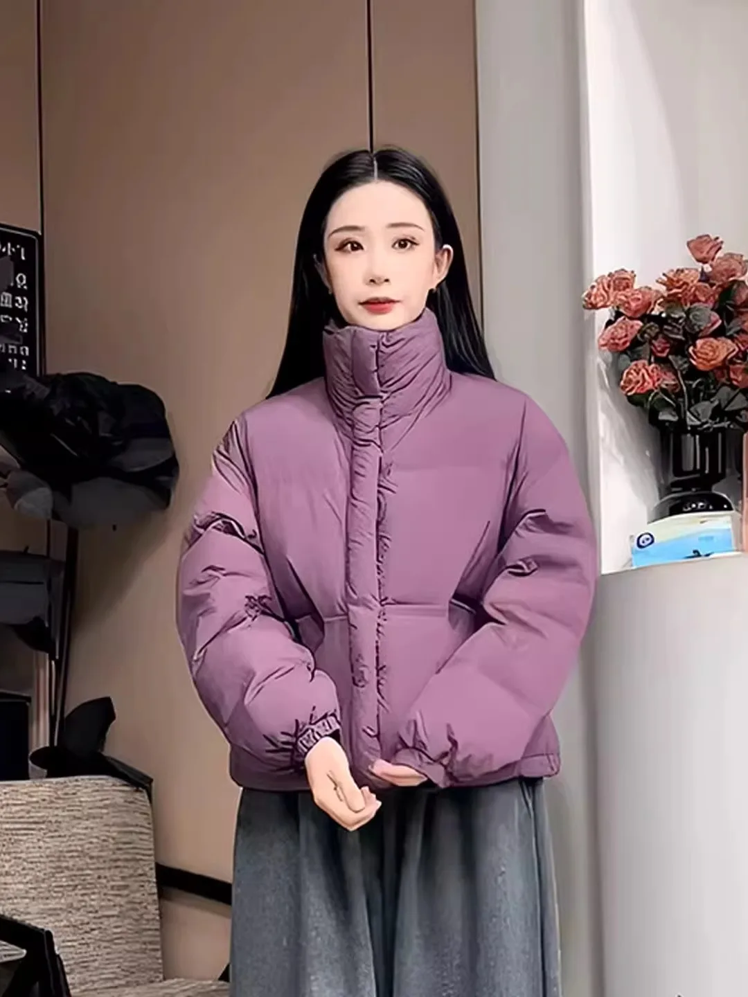 

Lightweight Warm Cotton Jacket Women's Stand Collar Short Style Korean Version Commute Thickened Long Sleeve Zipper Pure Color