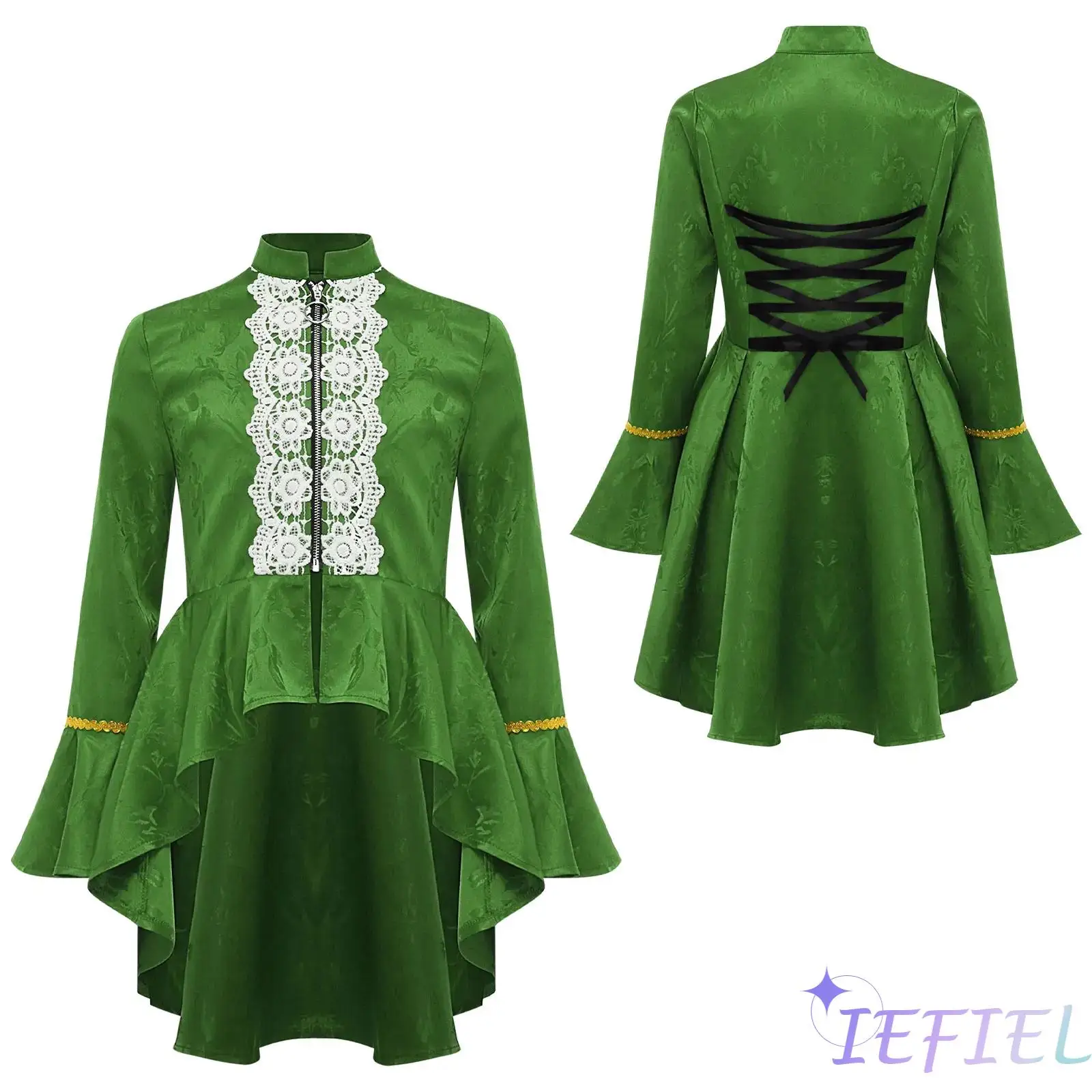

Kids Girls Medieval Costume Jacket Long Sleeves Lace Flounc Pirate Steampunk Coat Tailcoat for Renaissance Fairs And Halloween