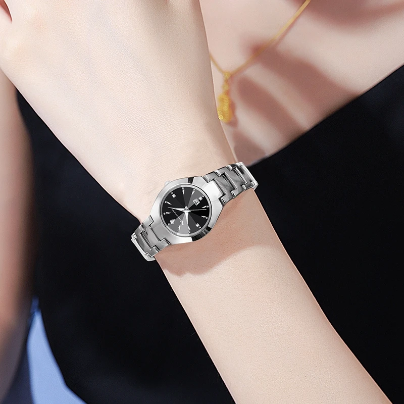 VA VA VOOM Women\'s Tungsten Steel Watch Silver Black Rhinestone Cut Mirror Face Casual Fashion Watch Travel Jewelry Wristwatches