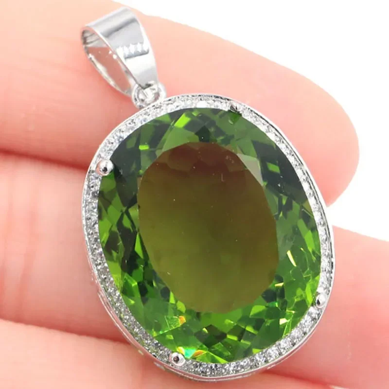 

Buy 4 Get 1 Free 34x21mm Hot Selling Delicate Fine Cut Big Gemstone 17.5g Green Peridot Cz Women Dating Silver Pendant Earrings