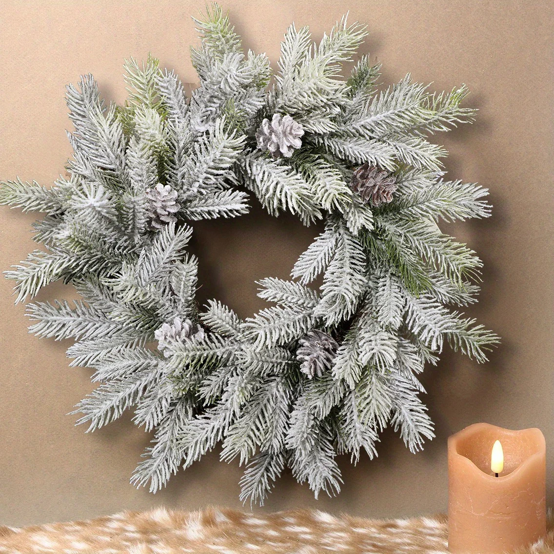 XIYA-corona de polvo de nieve de cedro Artificial, flor de Navidad, ramas de pino falsas y anillos de hierba de piña, acabado blanco, decoración del hogar