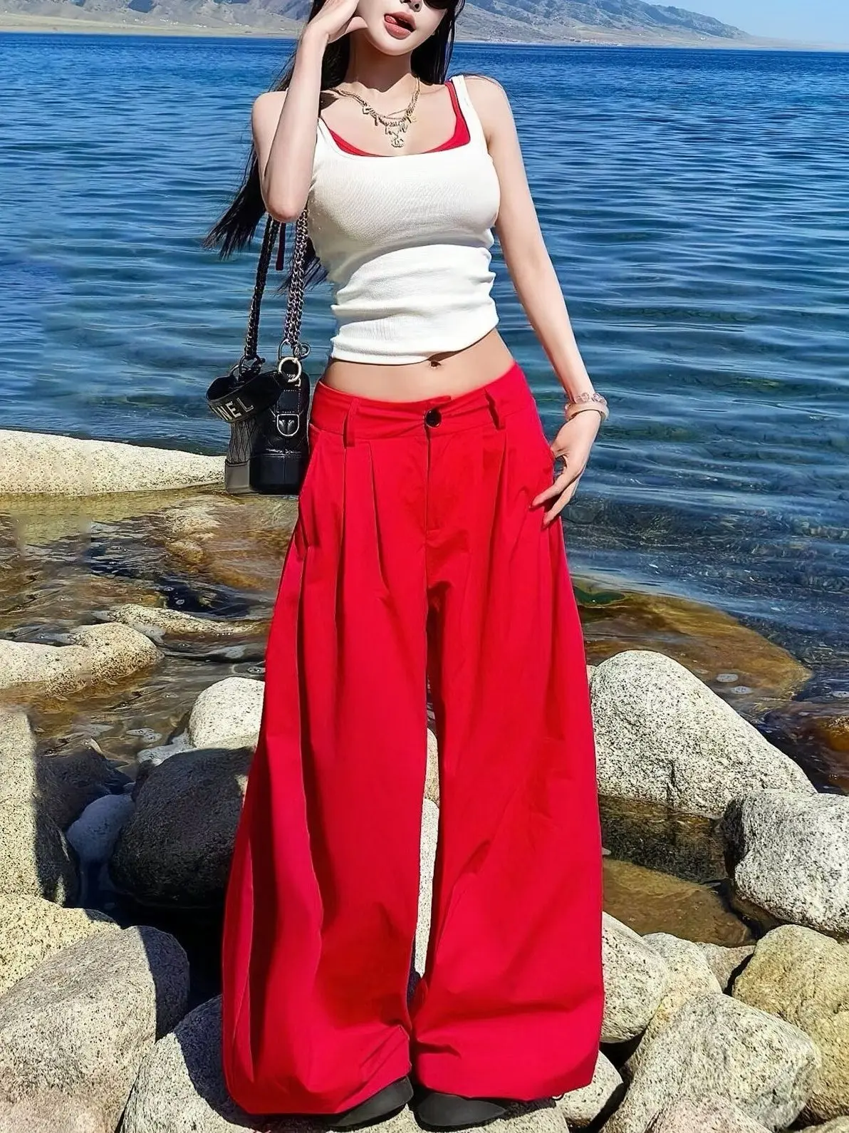 

Dopamine Red Wide Leg Pants Women Summer 2026 New plus Size Lazy Style Loose Drape Casual Floor-Length Trousers