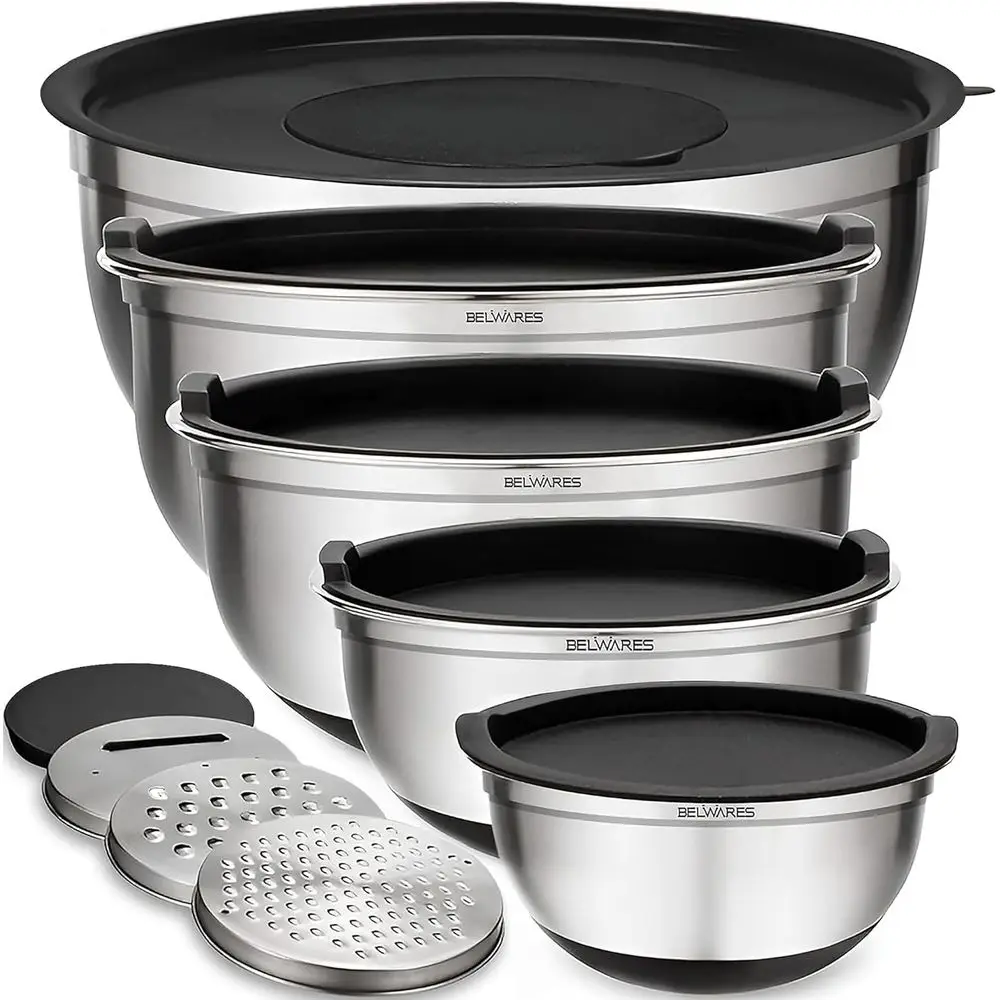 5-Piece Stainless Steel Mixing Bowl Set with Lids, Non-Slip Base, 3 Grater Attachments for Kitchen Prep and Storage, Matte Black