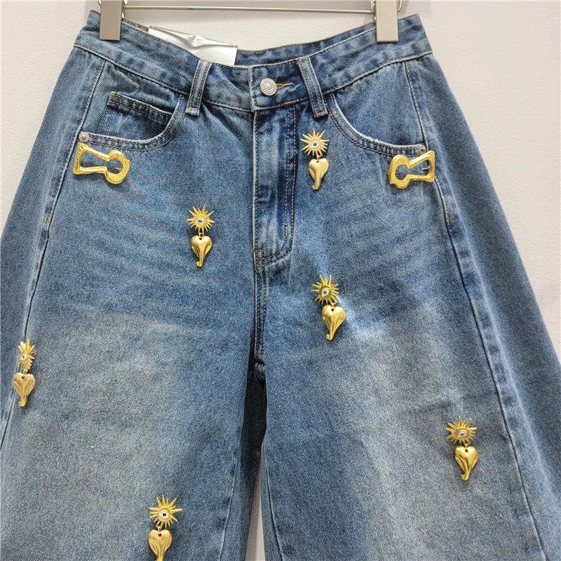 American Vintage Spring Summer Women Straight Short Jeans Fashion Metal Decoration All-match High Waist Knee-length Denim Pants