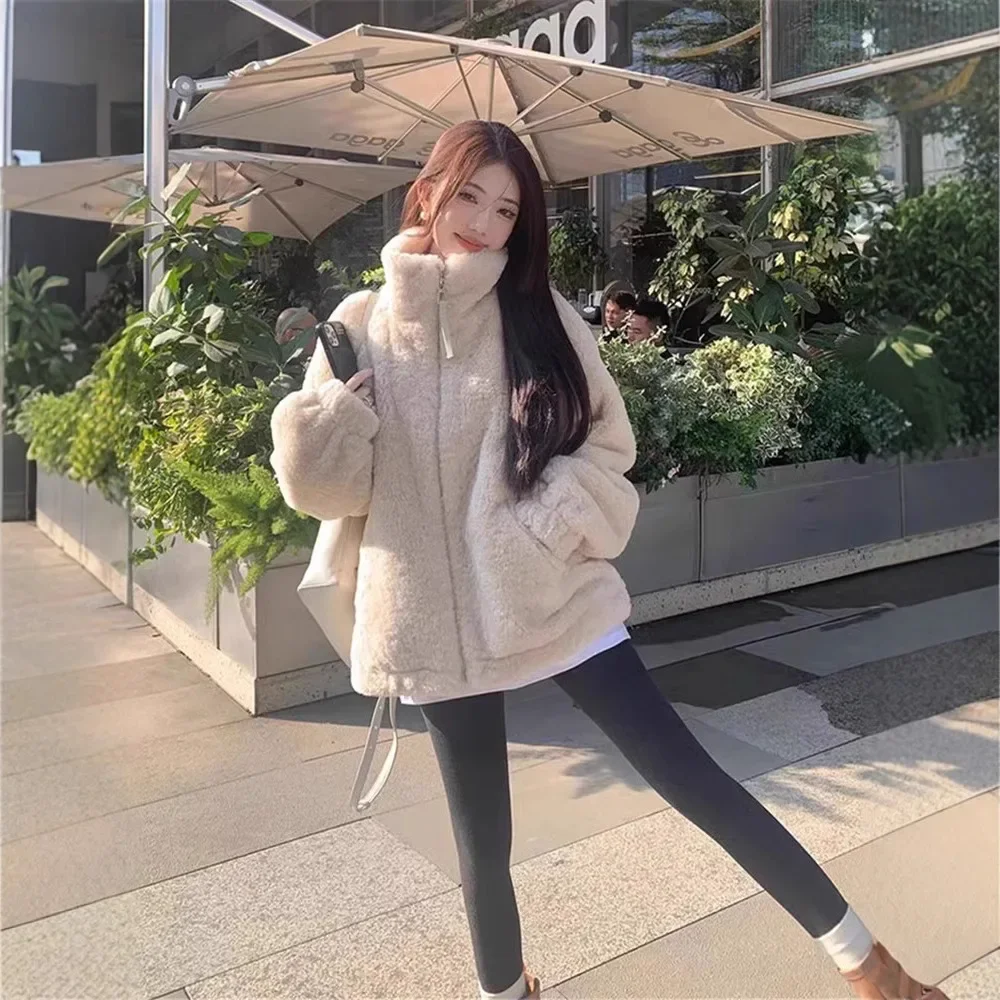 Thickened Lamb Fur Jacket Women Loose Fit Stand Collar Autumn Winter Street Style Small Size Bomber 