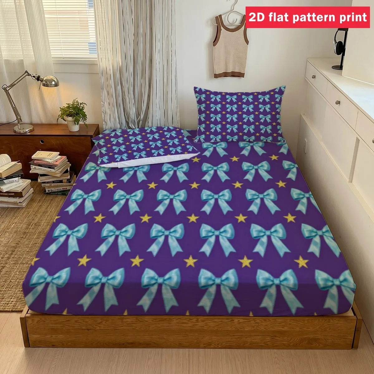 2D Digital Print Three-Piece Fitted Sheet Set, Light Blue Bow Tie and Yellow Star Bedding, Three-Piece Bedding Set (Includes 1 Fitted Sheet + 2 Pillowcases), 3-Piece Set, Deep Pocket Fitted Sheet with 2D Print and 2 Pillowcases, Fitted Sheet Style with Elastic Band, Protective Cover, Mattress Protector, Suitable for All Seasons, Machine Washable Design, Holiday Decoration, Various Sizes, Breathable Protective Cover Plus Pillowcases