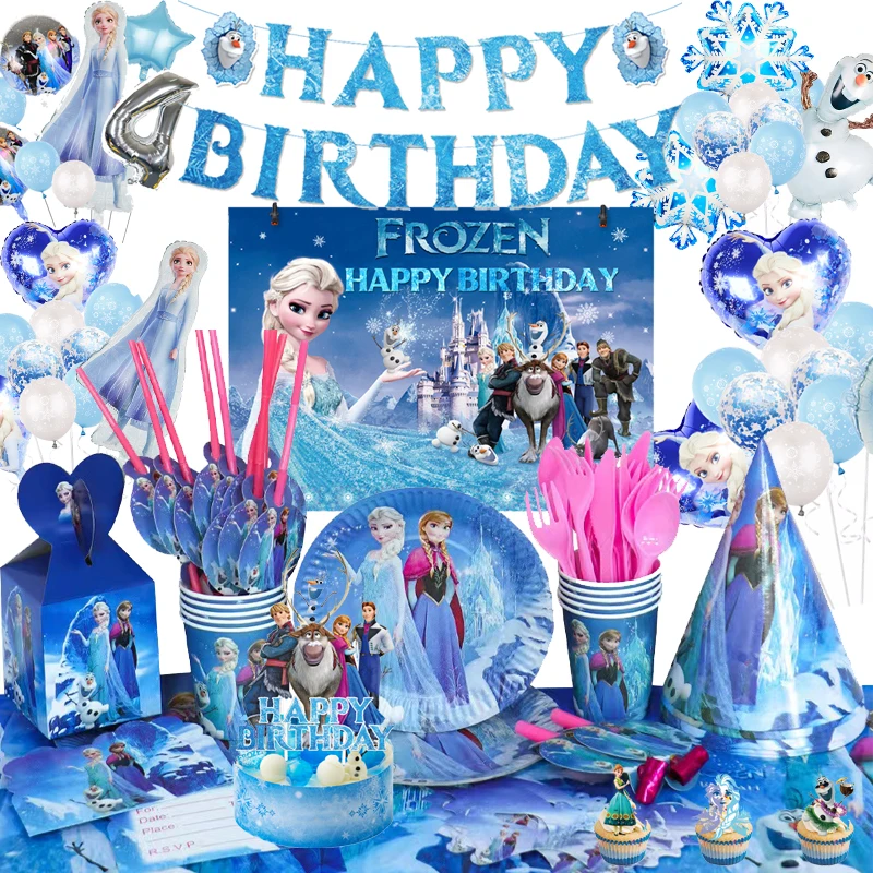 Disney Frozen Birthday Party Decorations Balloon Elsa Happy Birthday Banner Backdrop Disposable Tableware Supplies For Girl Gift