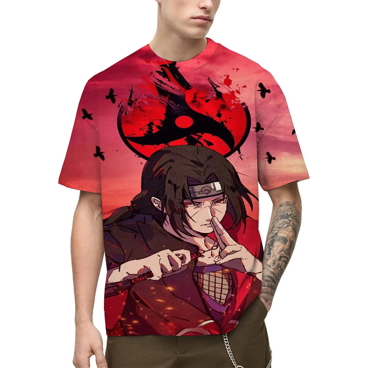 Nueva camiseta con estampado 3D de Naruto Anime, camiseta gráfica de personaje Itachi Uchiha, diseño de elemento de cuervo Mangekyou Sharingan para moda informal