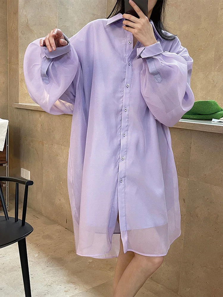 Solid Color Double Veil Shirt Straight Long Sleeve Single Breasted Lapel Loose Female Fashion Tops 2022 Summer B346