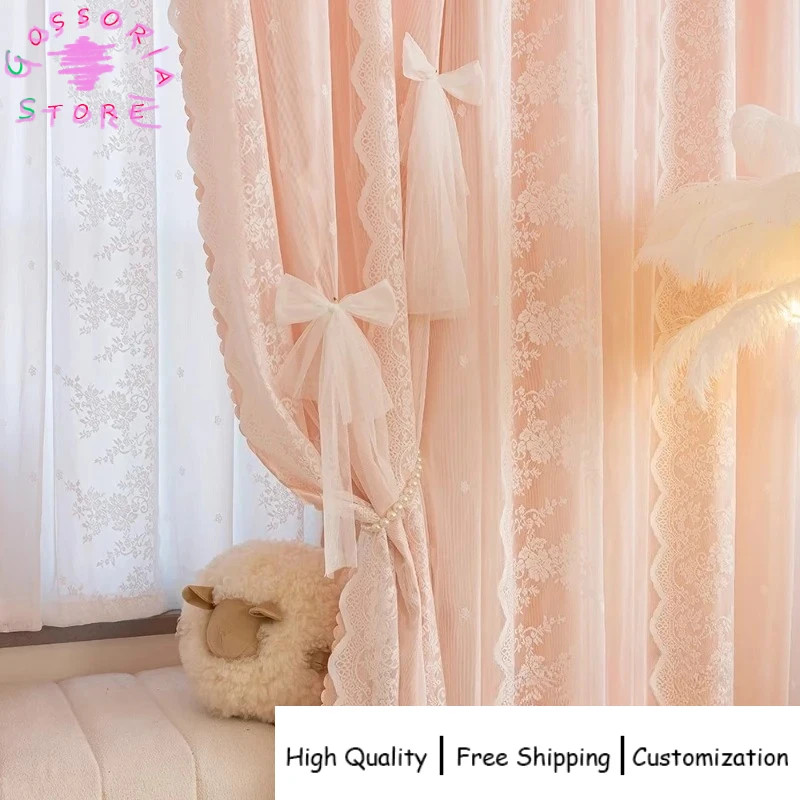 

Sample Custom French Double Layer Lace Semi Blackout Curtains for Bedroom Living Room Internet Celebrity Style Drapes