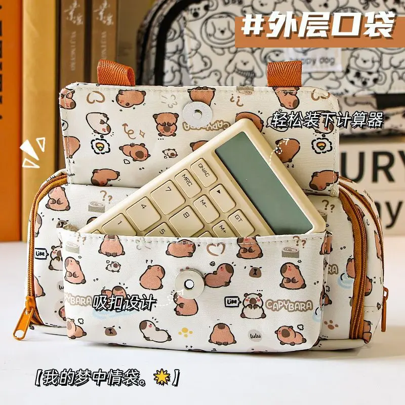 INS Capybara Large Pen Case Cute Cartoon Capybara Line Dog Pattern Pencil Bag Stationery Organizer Storage Bag Student's Gift image 4