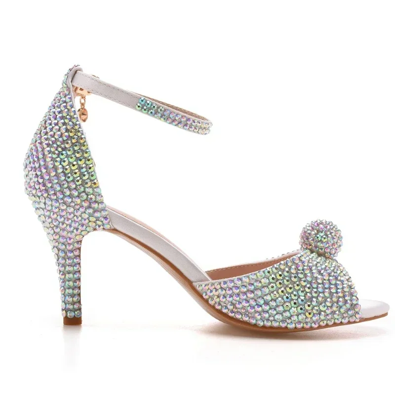 Strap Sandals Party Rhinestone PU 7CM Thin Heels Buckle  Bridal Wedding  Colored Diamond Women Pumps