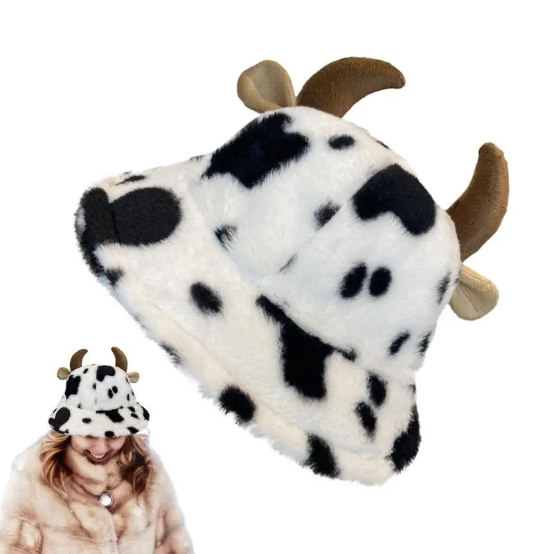 Cow Bucket Hat Soft Plush Cow Print Bucket Hat with Cute Horn Winter Fluffy Plush Fisherman Cap Warm Outdoor for Men Women