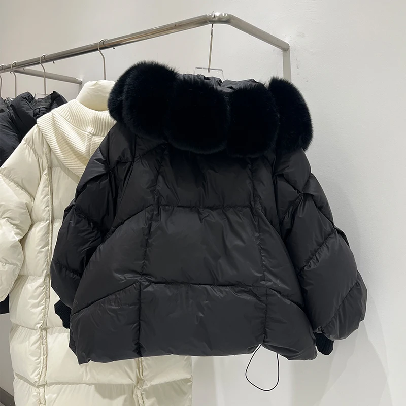 Winter Hooded Natural Large Fur Collar Down Jacket Female Warm Quilted Lantern Sleeve Jacket Women White Duck Down Solid Outwear