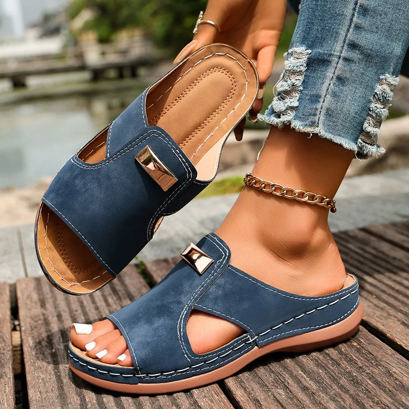 Damen Keilabsatz-Sandalen Sommer Mode-Sandalen Offene Zehen Designer-Sandalen Bequeme Schnallenschuhe Leichte Damen-Slides – Detail 6