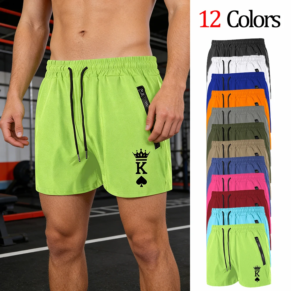 

Мужские летние быстросохнущие пляжные шорты с двойными карманами на молнии, принт «Король пик», для спортзала, фитнеса, бега, плавания, 12 цветов