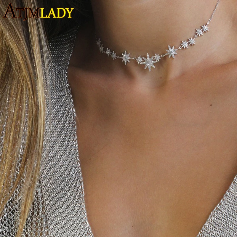 High Quality Iced Out Bling Sparking Clear Cubic Zirconia CZ Paved Star Starburst Charm Choker Necklace For Women