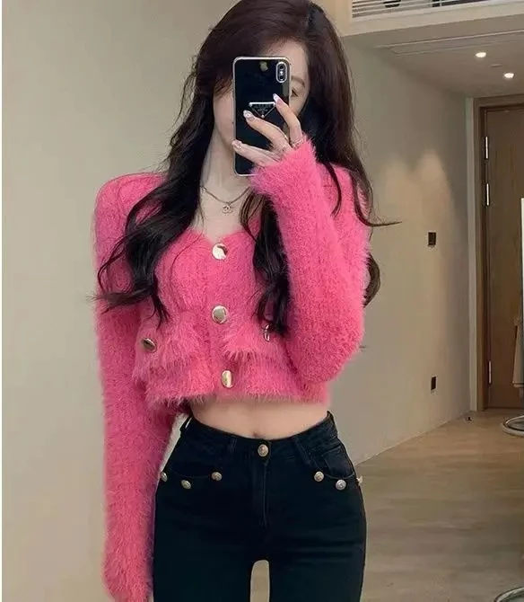 

V-neck Long Sleeve Tunic Pull Femme Fashion Sweet Knitted Coat Y2k Tops Sueter Mujer Cropped Cardigan Women's Clothing