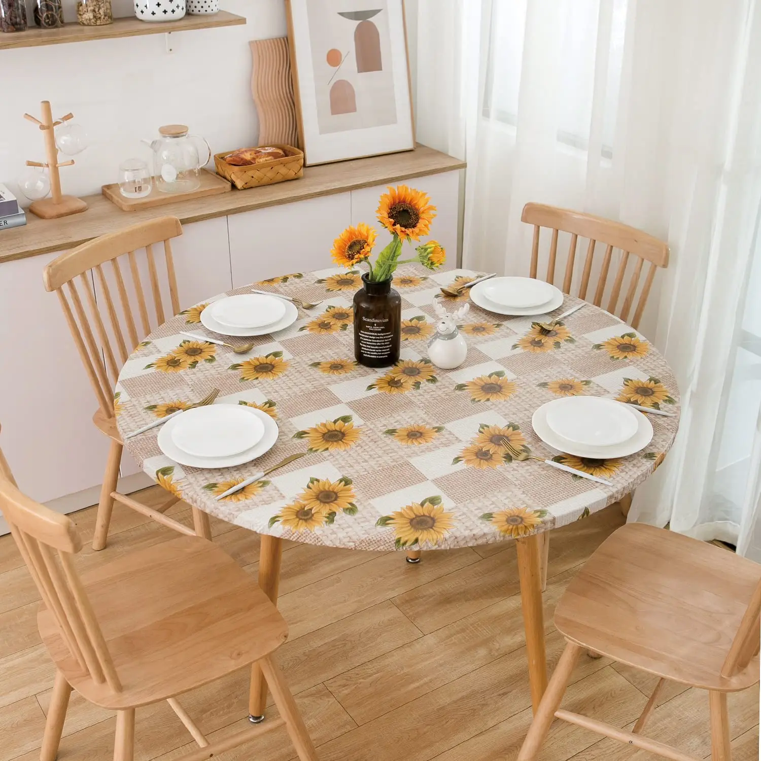 Sunflower Round Fitted Vinyl Tablecloth with Elastic Edge 100% Waterproof Oil Proof PVC Table Cloth Wipe Clean Table Cover