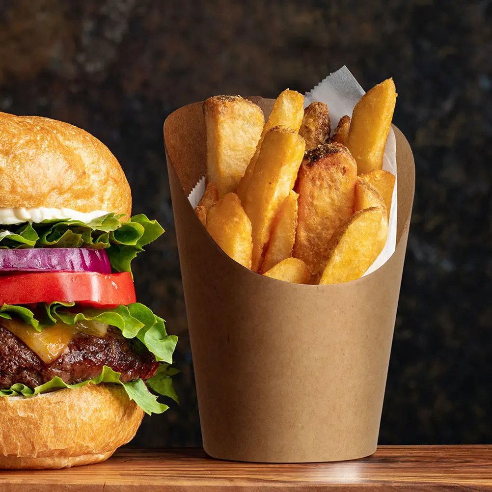 

50Pcs Kraft Paper French Fries Cups Bevel Edge Snack Holders for Chips Desserts Take Out Catering Events