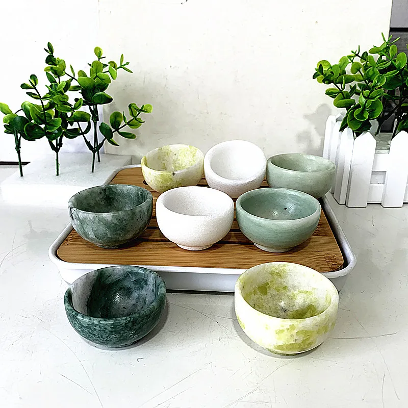 2 pçs pedra natural jade cristal escultura tigela decoração para casa e ornamentos de mesa de chá minerales suplemento de energia