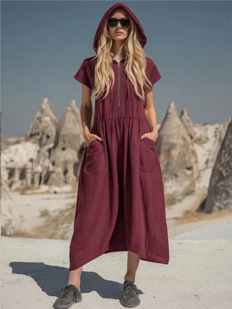 

Women Fashion New Midi Dresses Summer Hooded Casual Loose Elegant Zipper Pocket Solid Color Pleated Long Dress Woman Party Dress