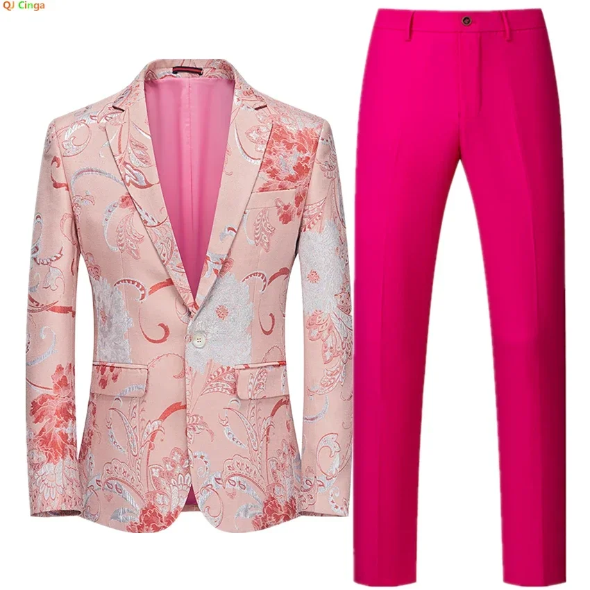 

Розово-красный мужской приталенный костюм из двух предметов, куртка для свадебной вечеринки с брюками, комплекты из жаккардовой ткани, азиатский размер M-6XL