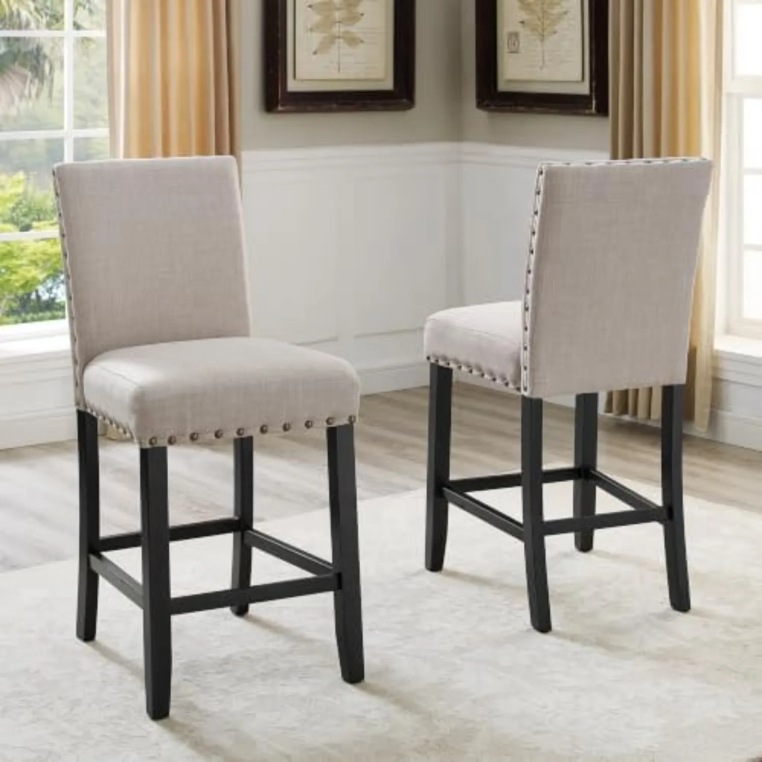 Biony Tan Fabric Counter Height Stools with Nailhead Trim, Set of 2