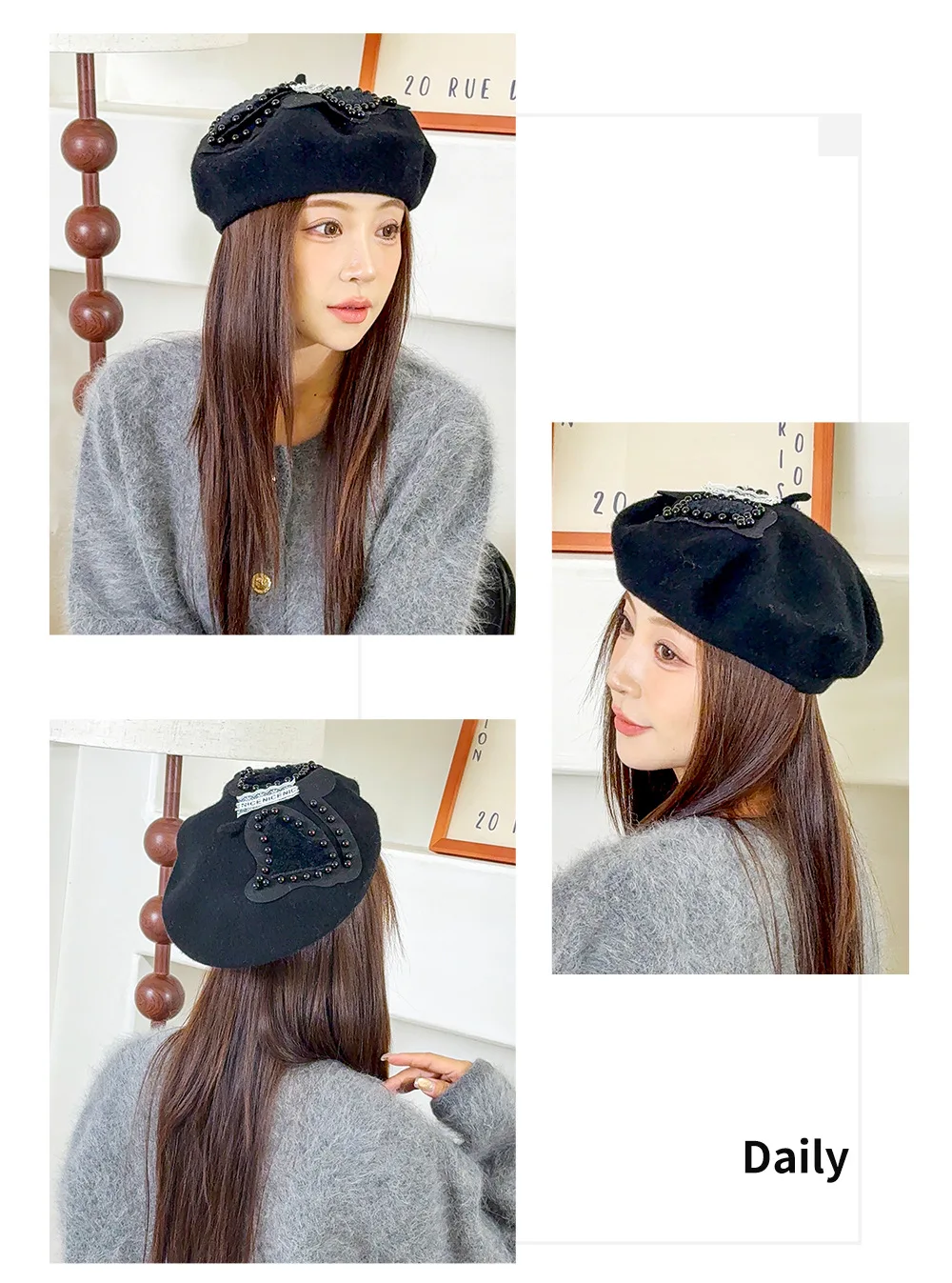 2026 الخريف والشتاء جديد قبعات المرأة القبعات السيدات موضة عادية الاتجاه الكرتون هريرة اللؤلؤ الدافئة الأدبية الرجعية الصوف برعم قبعة #5