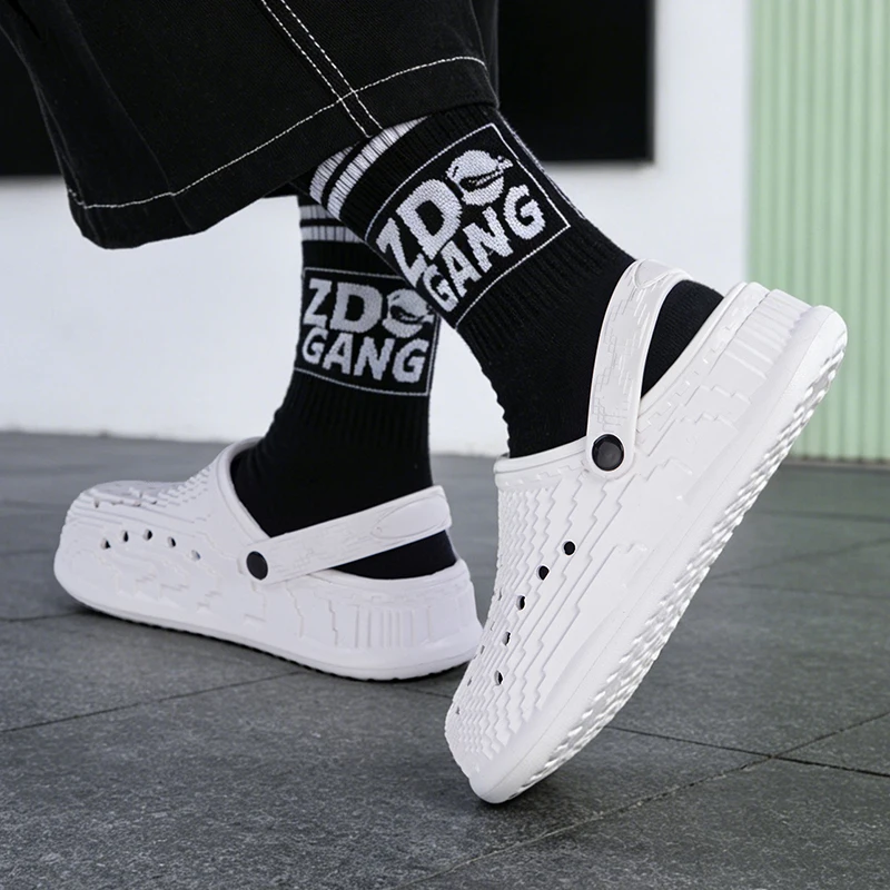 UnisexWhitePixel Hollow Out EVA Clogs Adjustable Heel Strap Non Slip Thick Platform Waterproof Garden Beach Shower Slide Sandals
