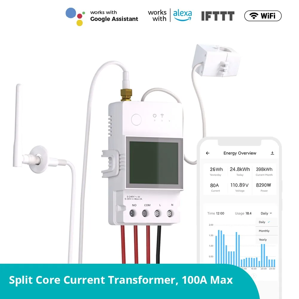 

SONOFF POWCT Ring Smart Power Meter Transformer current detection Support Contactor Control Tracks Energy Usage via Alexa Google