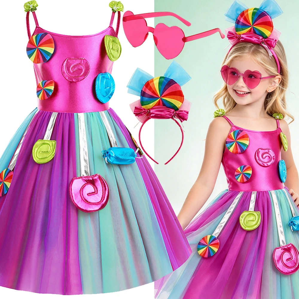 Girls Rainbow Candy Tutu Dress Kids Purim Costume Halloween Party Fancy Clothes Birthday Carnival Christmas Gift