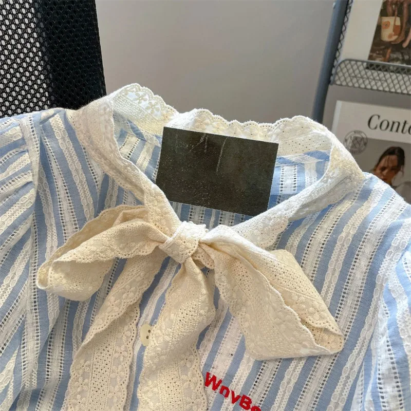 EBAIHUI French Lace Patchwork Bow Design Women's Shirt Summer Cute Striped Ladies Blouse Casual Versatile Puff Sleeve Blusas