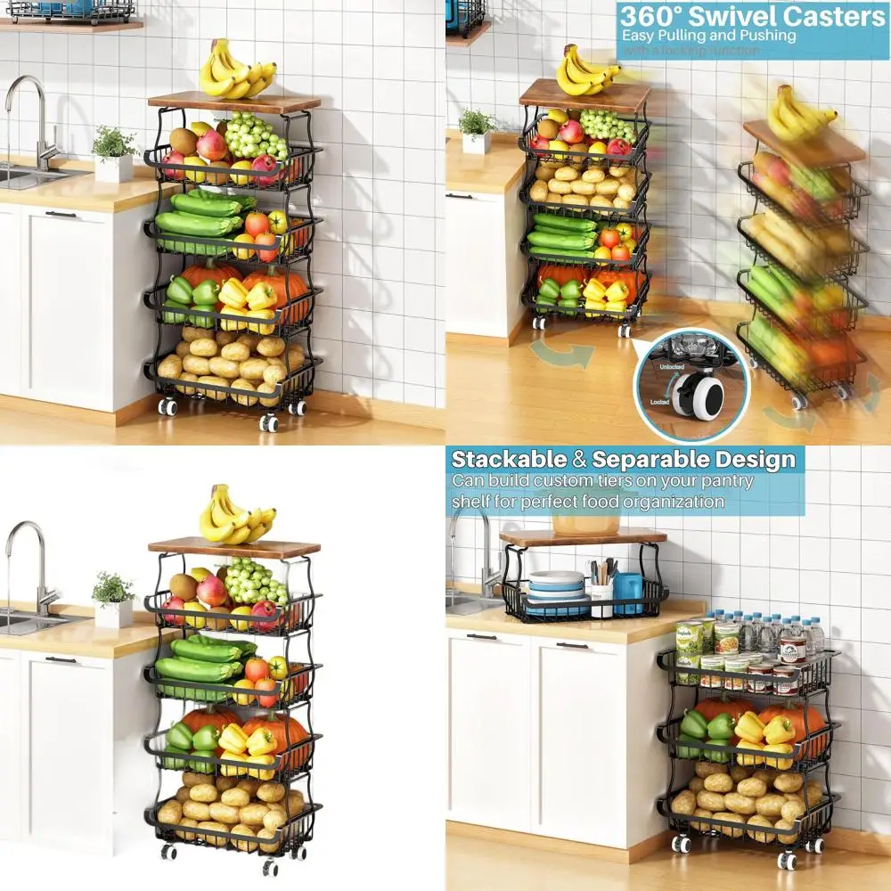 

5-Tier Stackable Metal Basket with Wheels for Kitchen, Pantry, and Storage in Multiple Rooms