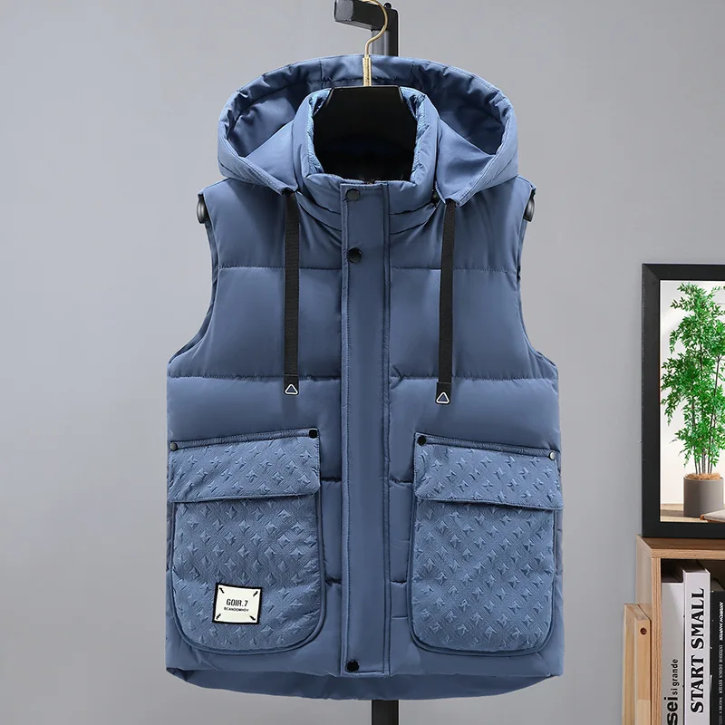 2024 New in Men\'s Vest Hooded Warm Demi-season Turtleneck Sleeveless Jacket Cotton Padded Waistcoat Male Work Wear Blue Black