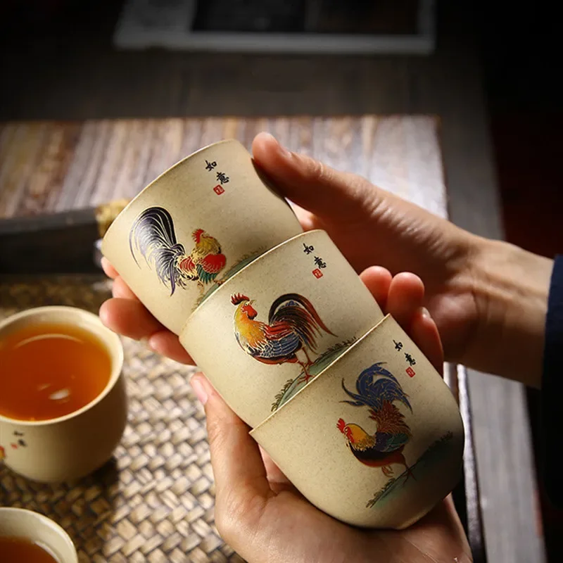 1 Pc Antique Handmade Ceramic Teacup Hand Painted Cock Pottery Tea Cup Travel Portable Tea Bowl Pu\'er Master Cup Chinese Tea Set