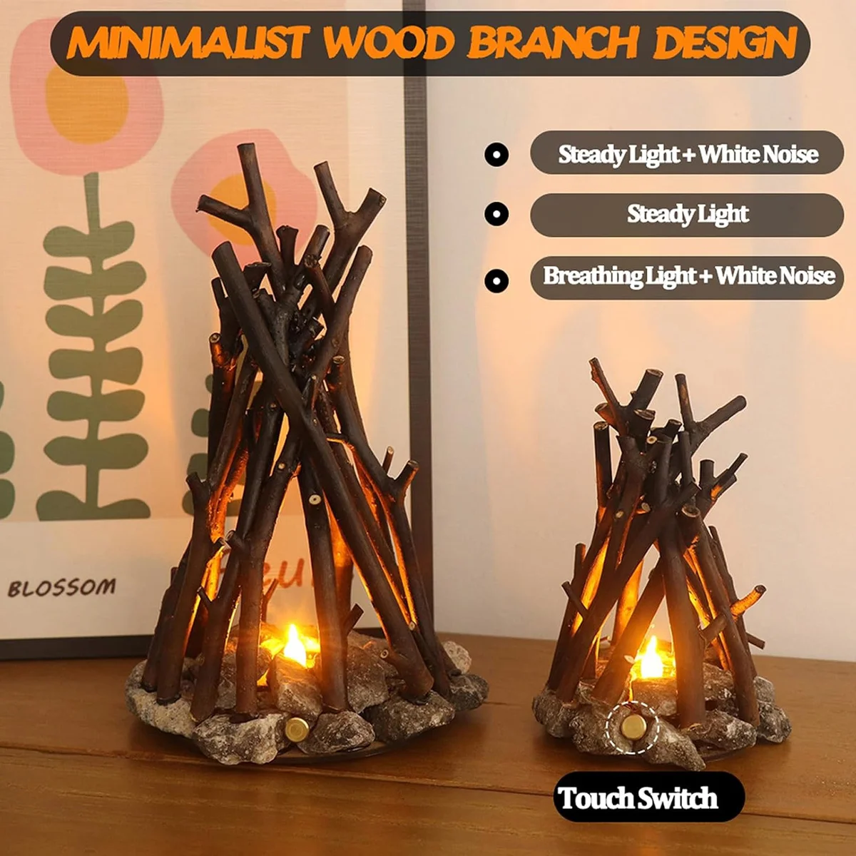 Smart Touch-sensitive Dimmable 3D Fire Camp Light Suitable for Bedroom Living Room Bedside White Noise Function Fast Delivery