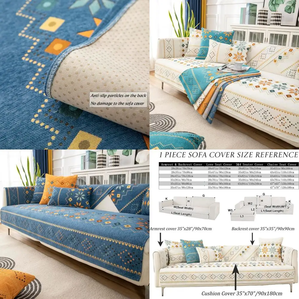 

Blue Bohemian Chenille Couch Cover for Geometric Sofa, Non-Slip Sectional Protector, 43x63 inches Home Decor