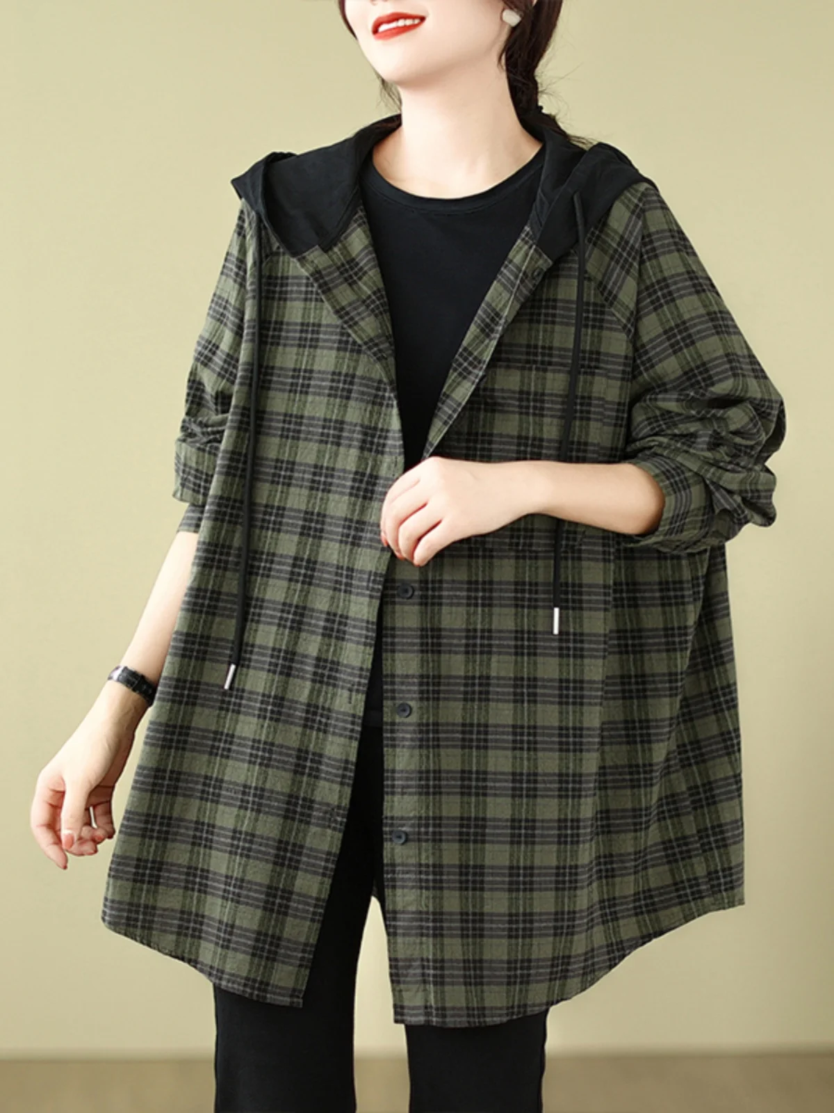 

Retro Hooded Brued Plaid irt Jaet Women's Spring Autumn plus Size Conceal Meat Slimming Mid-Length Top Outerwear