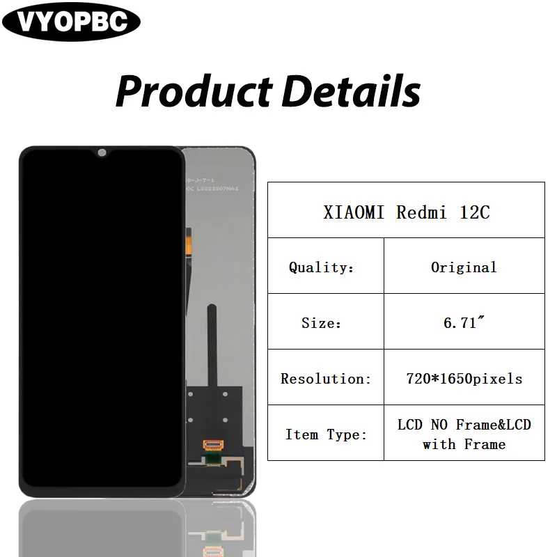 Original LCD Display For XIAOMI Redmi 12C Touch Screen With Frame Panel Digitizer 22120RN86G 22120RN86I 22126RN91Y 2212ARNC4L